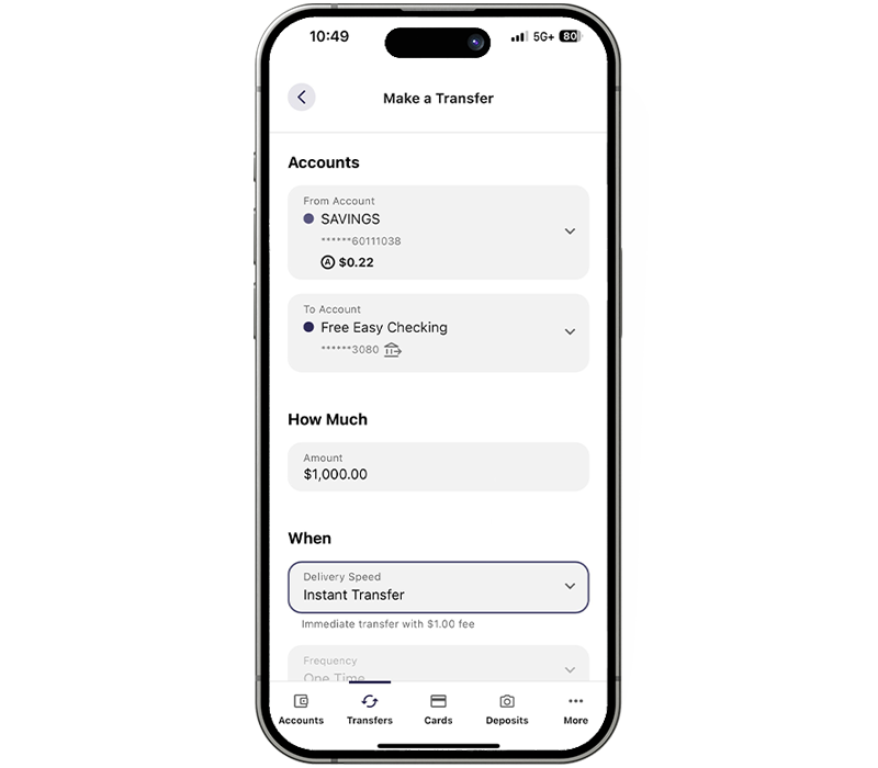 Instant Transfers view in Digital Banking