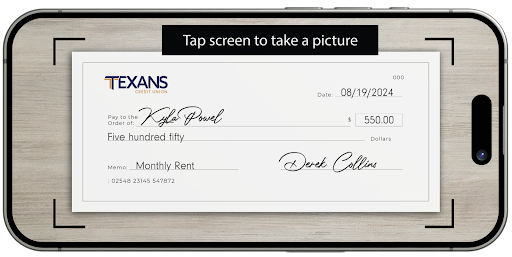 Photo of Texans Credit Union mobile app interface showing a mobile deposit.